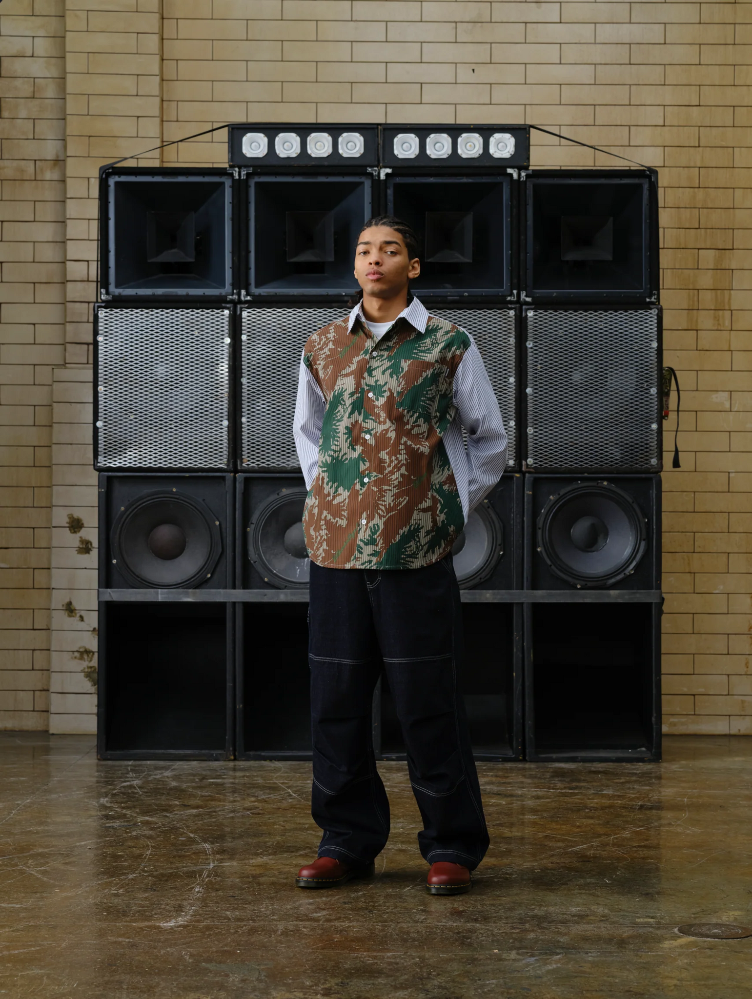 BURST CAMO HALF PRINT POPLIN STRIPE SHIRT - CAMO